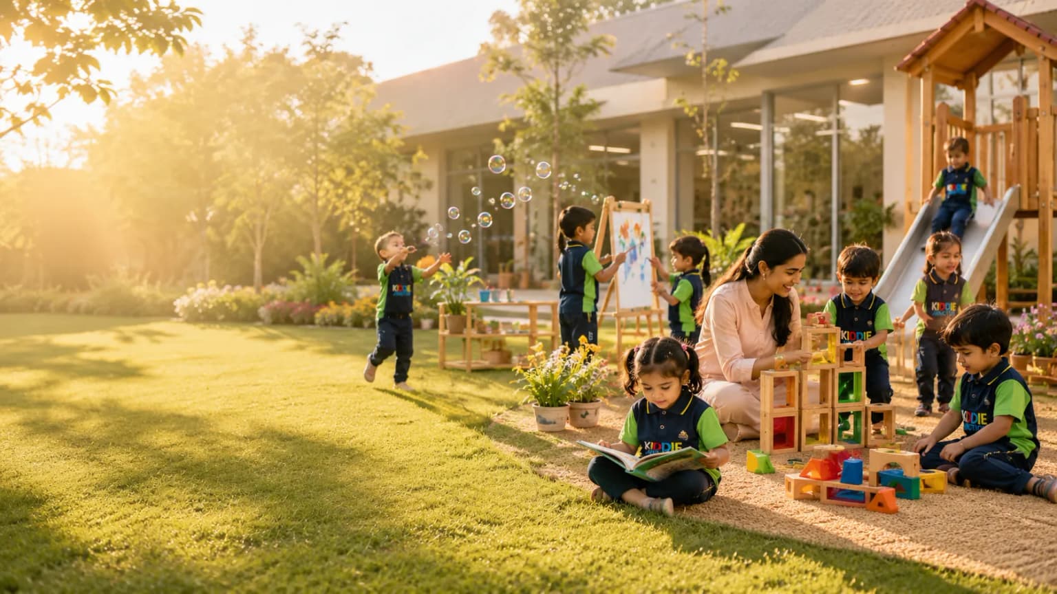 Children playing in the garden at Kiddie Junction — bubbles, easel painting, and the slide, with a teacher sitting among them in the evening sun