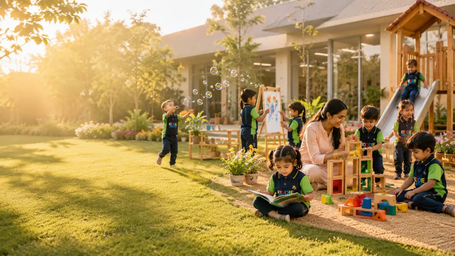 Children playing in the garden at Kiddie Junction — bubbles, easel painting, and the slide, with a teacher sitting among them in the evening sun