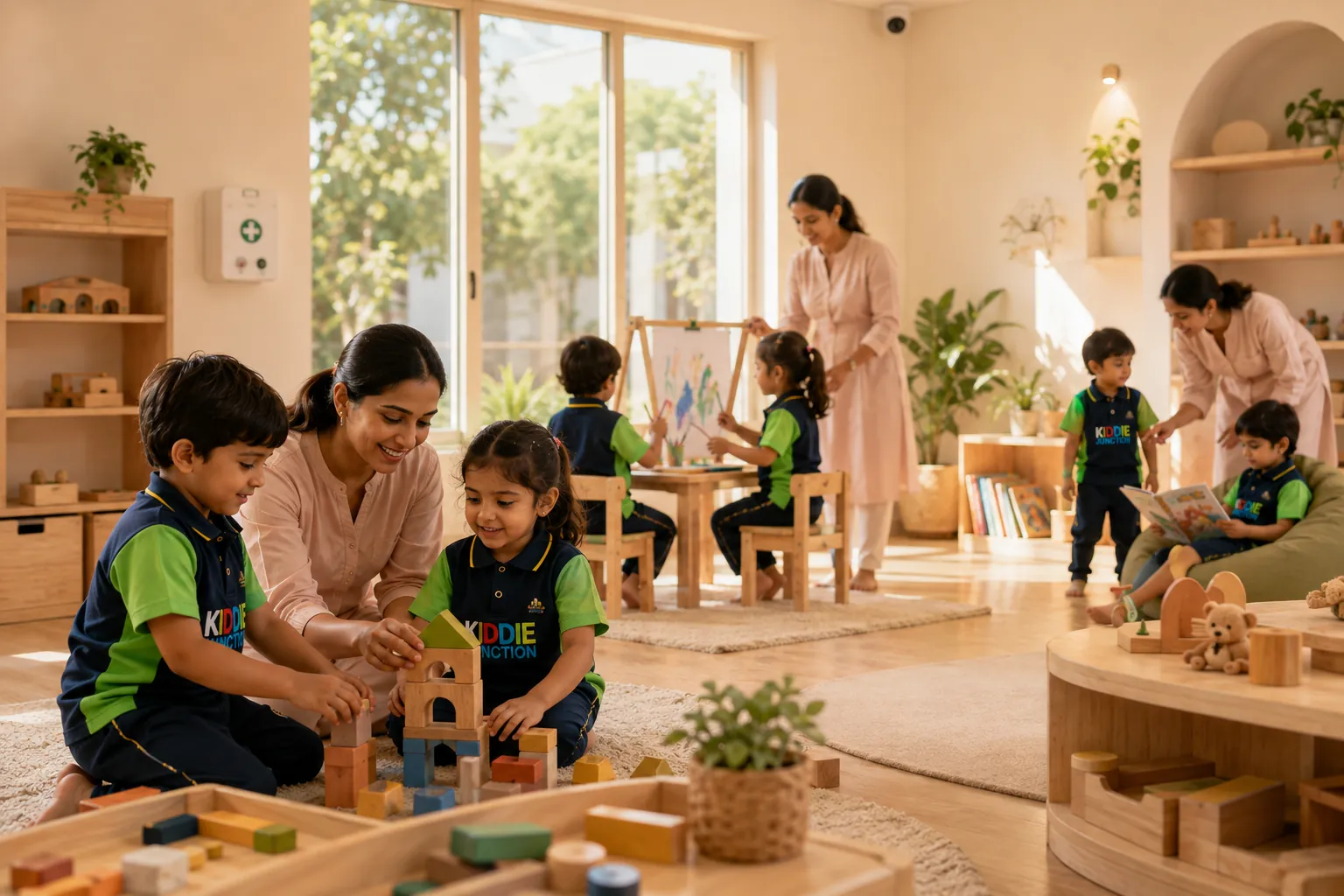 A supervised Kiddie Junction playroom with CCTV coverage and a wall-mounted first-aid kit, teachers seated with the children